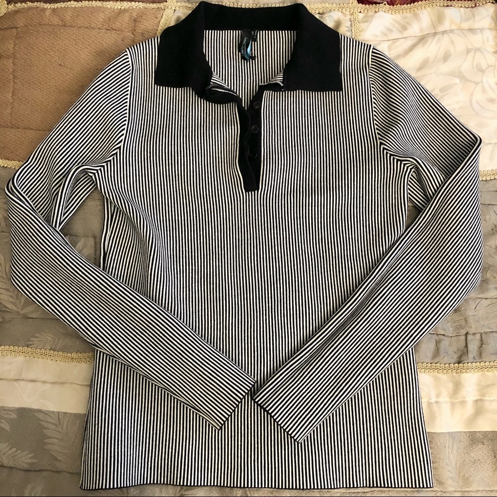 Marciano Black and White Striped Bandage Collared Top - Picture 2 of 8